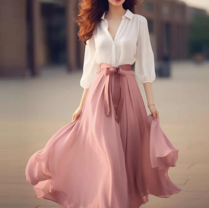 Patchwork Chiffon Sommerkleid Elegant in Weiß&nbsp;Lachs