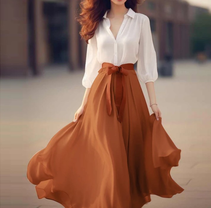 Patchwork Chiffon Sommerkleid Elegant in Weiß&nbsp;Orange