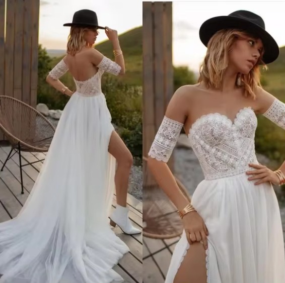 Schulterfreies Boho Style Brautkleid Helga mit Tüll Rock und&nbsp;Spitze