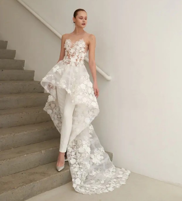 Schulterfreies Mesh Overall Jampsuit Hilaria für die Braut mit Spitzen Rock