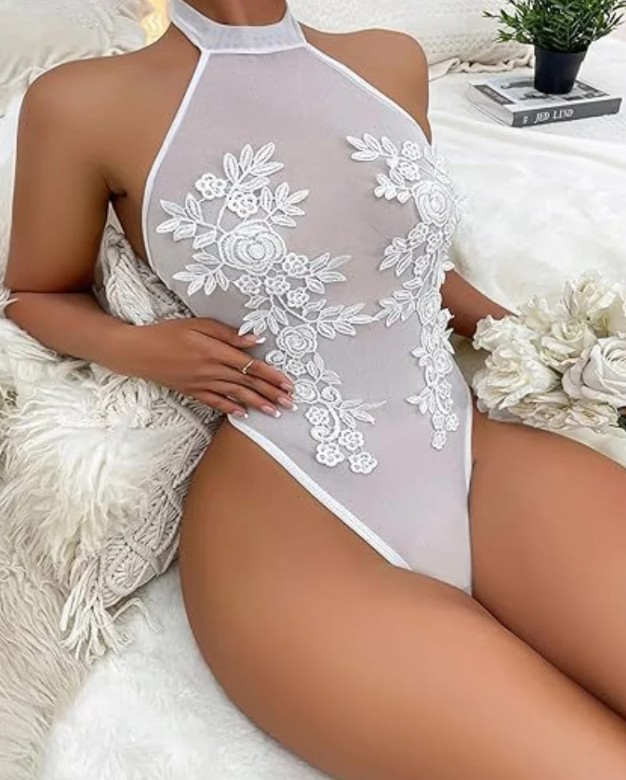 Sexy Mesh Body Hendrieke für die Braut mit Blumen Spitze in&nbsp;Weiß