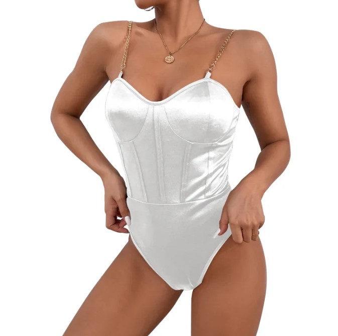 Sexy Satin Body Hedone für die Braut Schulterfrei in Weiß mit&nbsp;Kette