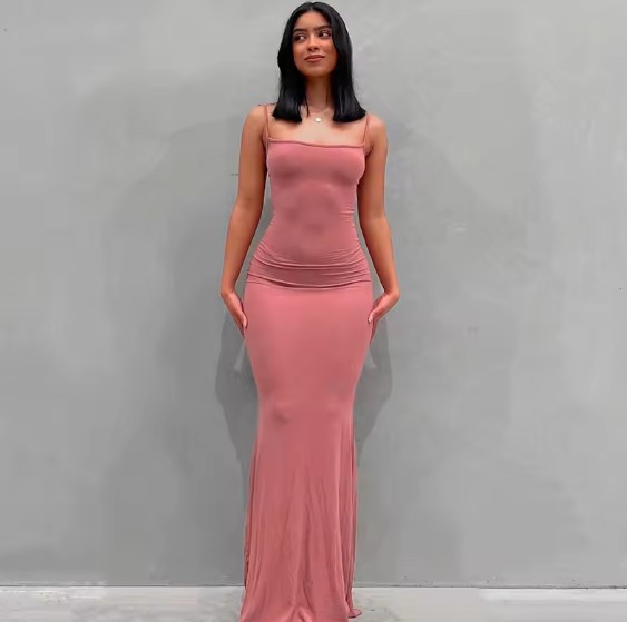 Spaghettiträger Bleistift Sommerkleid Lang in Lachs