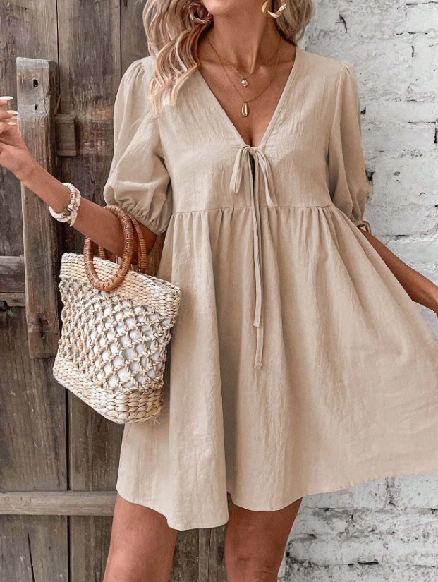 Süßes Baumwoll Tunika Sommerkleid Kurz mit Ärmeln in&nbsp;Beige