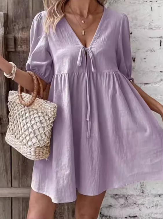 Süßes Baumwoll Tunika Sommerkleid Kurz mit Ärmeln in&nbsp;Flieder