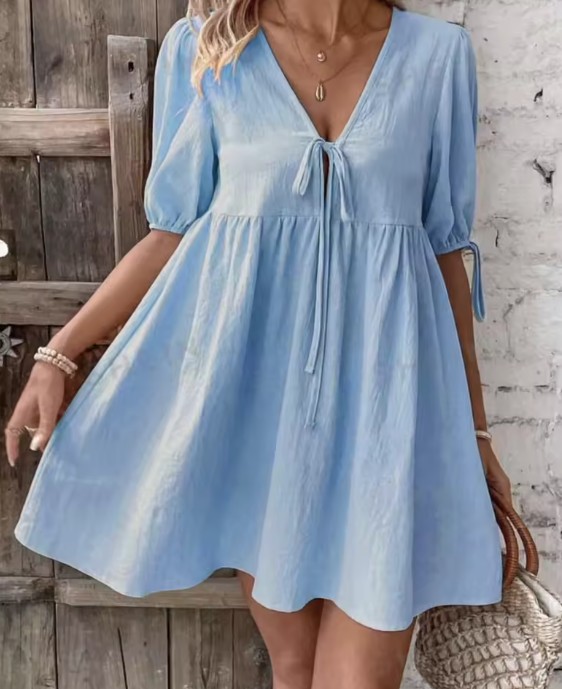 Süßes Baumwoll Tunika Sommerkleid Kurz mit Ärmeln in&nbsp;Himmelblau