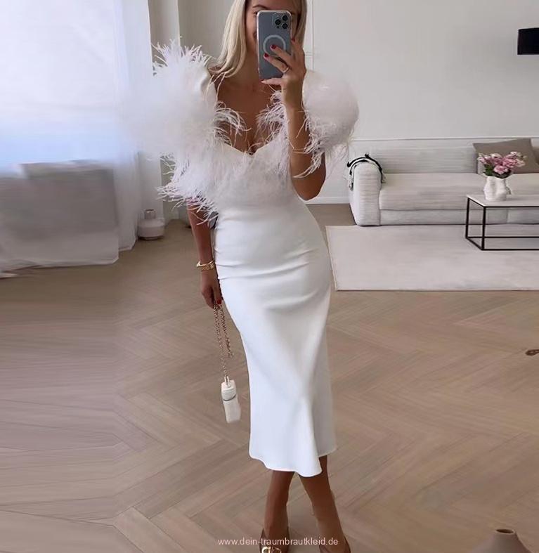 Patchwork Satin Bleistift Standesamtkleid in Weiß mit&nbsp;Boa
