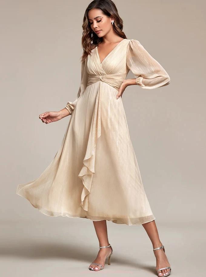 Langarm Chiffon Standesamtkleid Meredith mit V Ausschnitt in&nbsp;Elfenbein