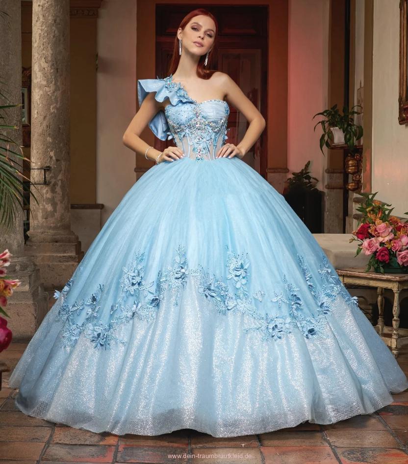 One Shoulder Ball Linie Brautkleid Marlena in Himmelblau mit&nbsp;Blumen