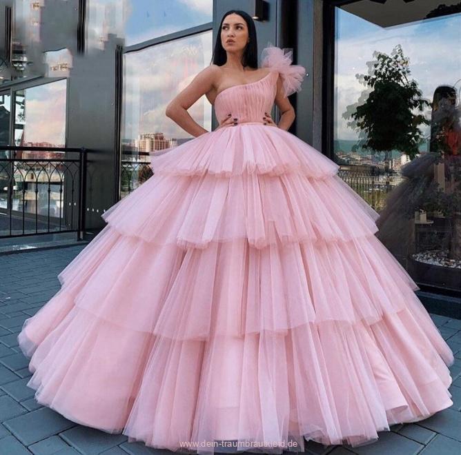 Rosa Tüll Ball Linie Brautkleid Matilda mit One Shoulder Träger Bodenlang