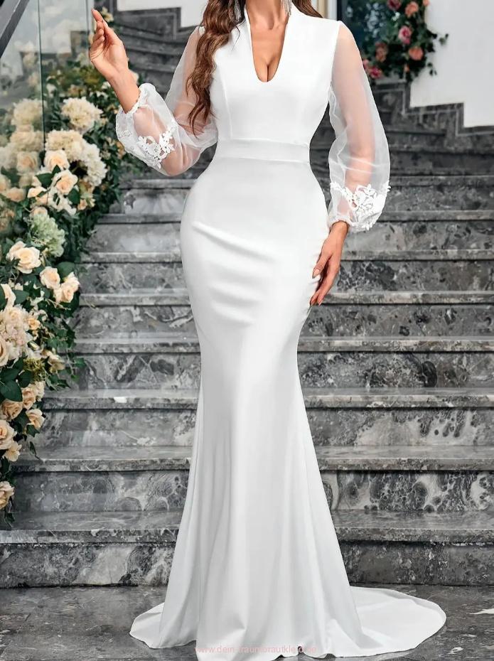 Meerjungfrau Langarm Standesamtkleid Ariel mit Tüll Ärmel und&nbsp;Schleppe