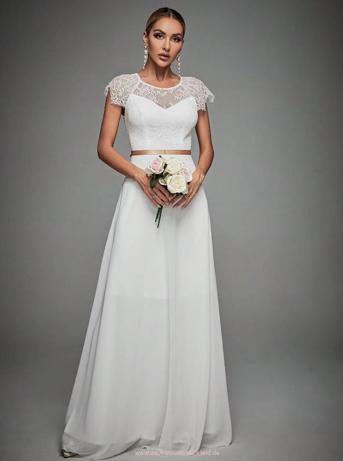 A Linie Standesamtkleid Benedikte Bodenlang in Weiß mit Spitze und Schärpe