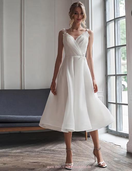 A Line Chiffon Standesamtkleid Wadenlang mit&nbsp;Spitze