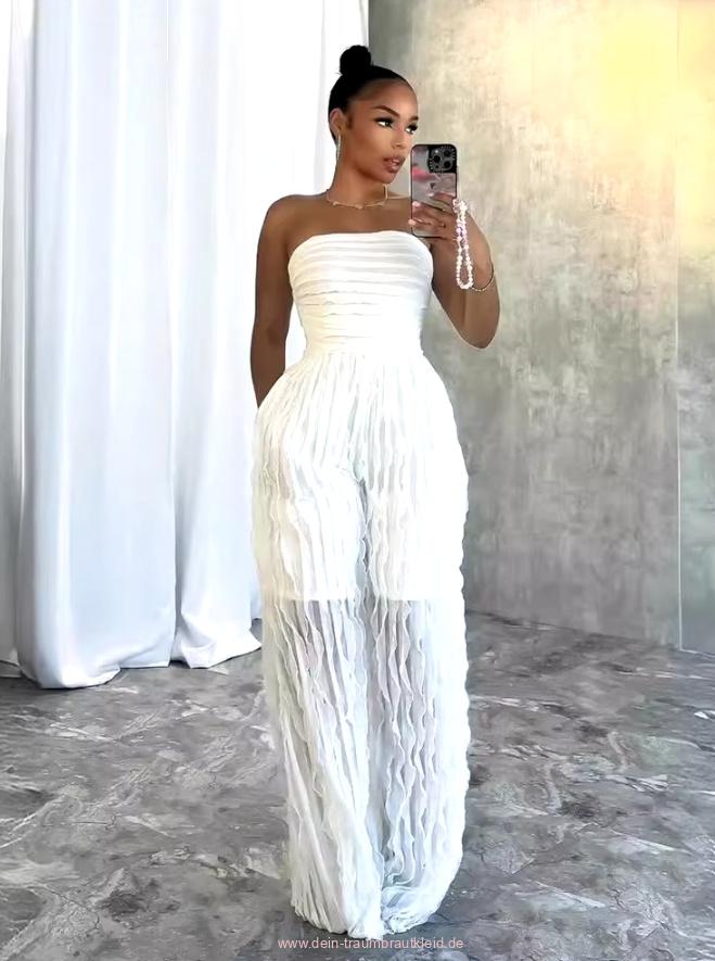 Schulterfreies Einteiler für die Braut in Weiß mit Wellenmuster