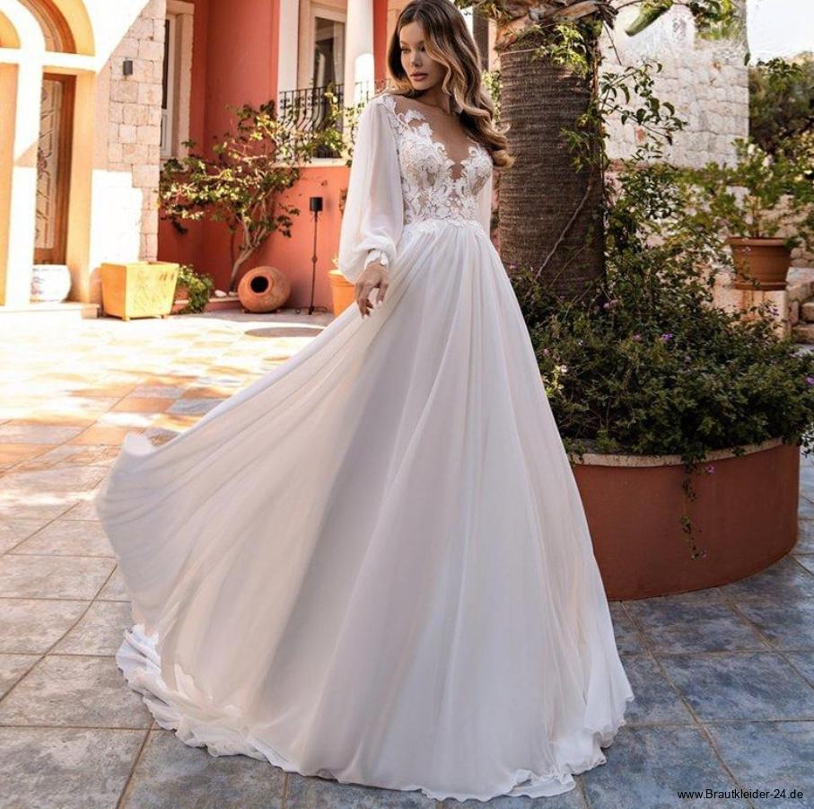 Langarm Boho Chiffon Brautkleid Gillian mit Puff Ärmel und&nbsp;Spitze