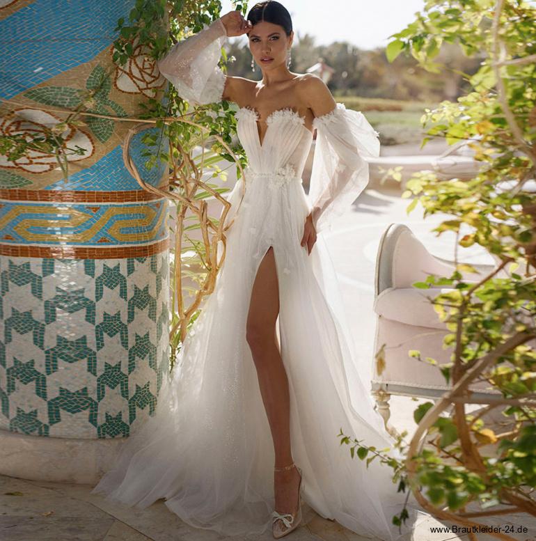 Schulterfreies Bustie Brautkleid Gesa mit Tüll Ärmel&nbsp;Abnehmbar