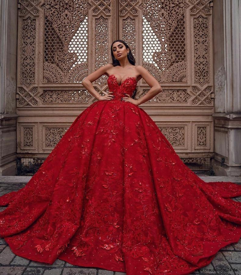 Bustie Ballkleid Brautkleid mit 3D Blumen in Rot