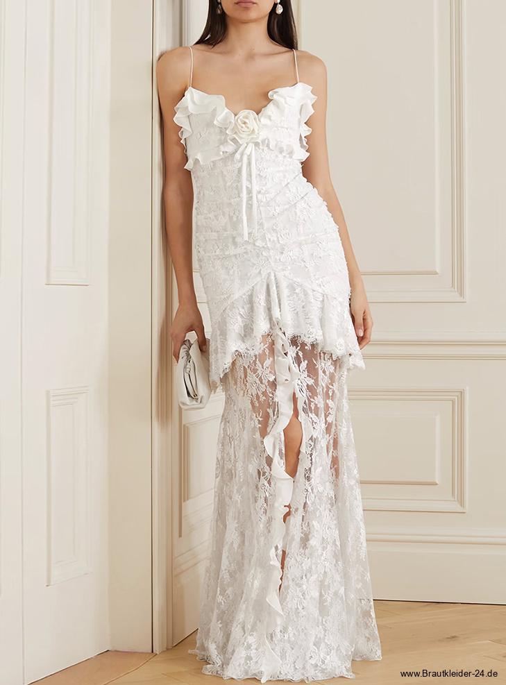 Spaghettiträger Fit And Flare Standesamtkleid in Weiß Bodenlang mit&nbsp;Spitze