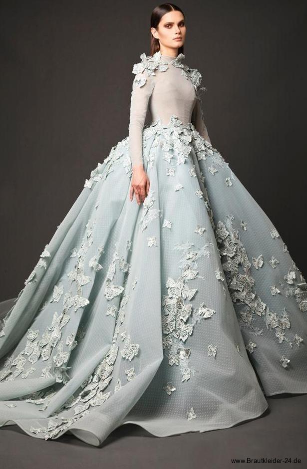 Langarm Ball Linie Brautkleid in Mintgrün mit Blumen und&nbsp;Schleppe