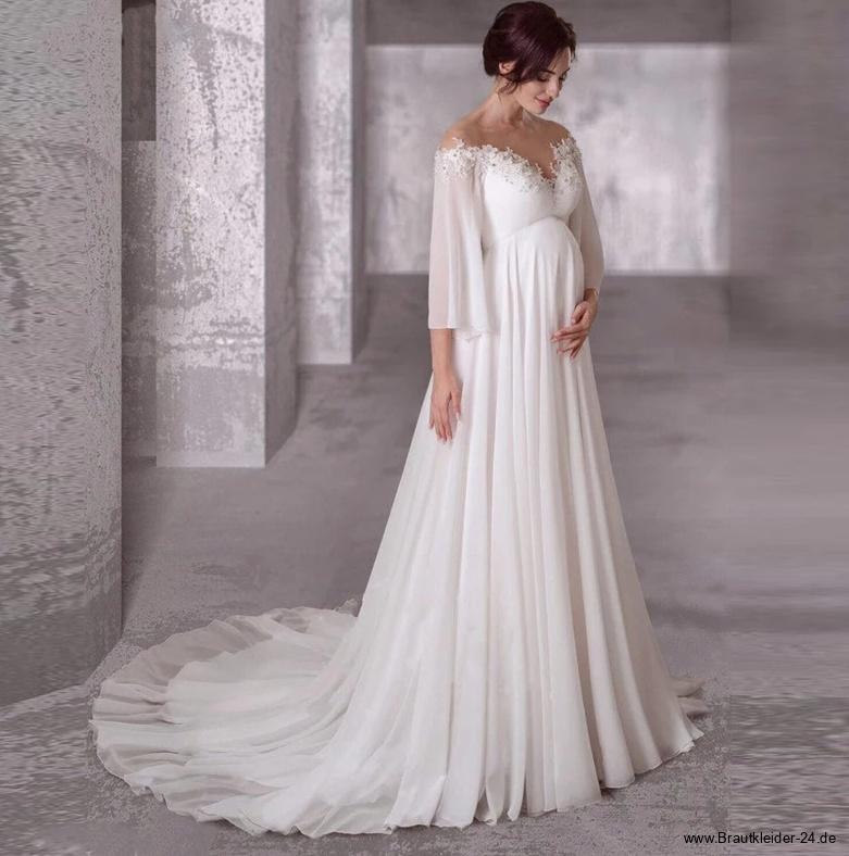 Schulterfreies Umstandsbrautkleid mit Schleppe und&nbsp;Blumenspitze