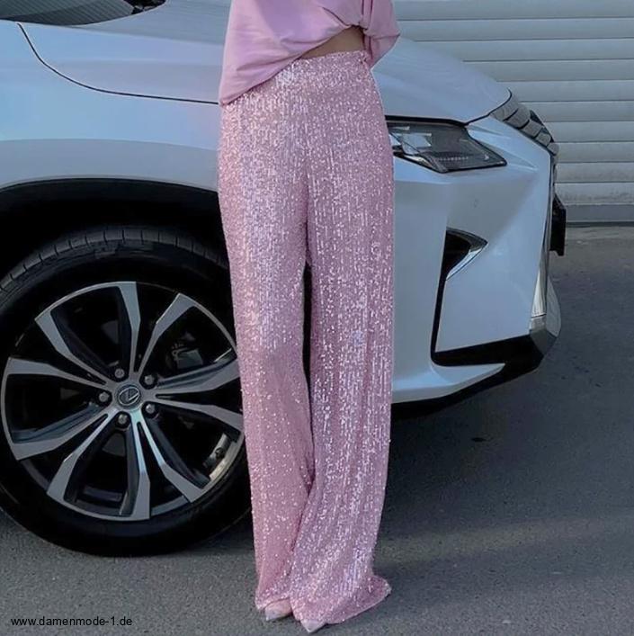 Elegante Damenhose Lang mit Glitzer Pailletten in&nbsp;Rosa