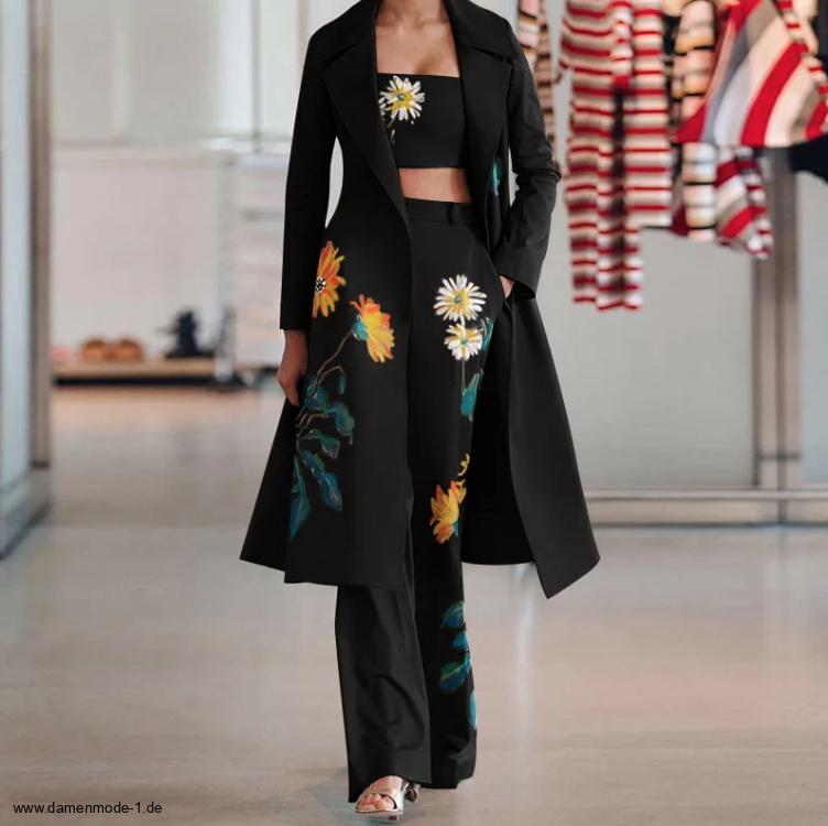 Damen Hosenanzug mit Blumen Muster Lang in Schwarz&nbsp;Dreiteilig