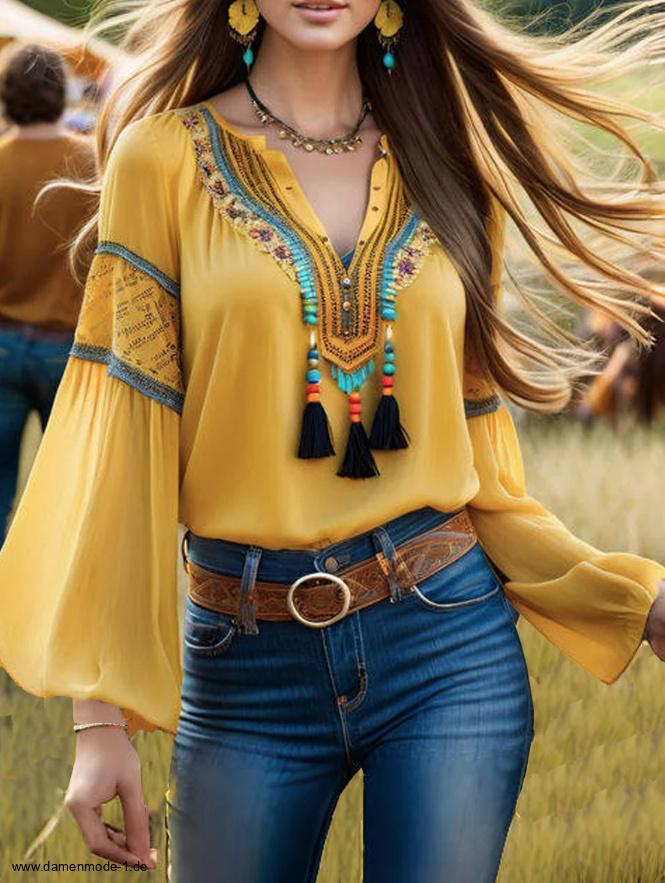 Boho Style Damen Bluse in Gelb mit Flare&nbsp;Ärmel