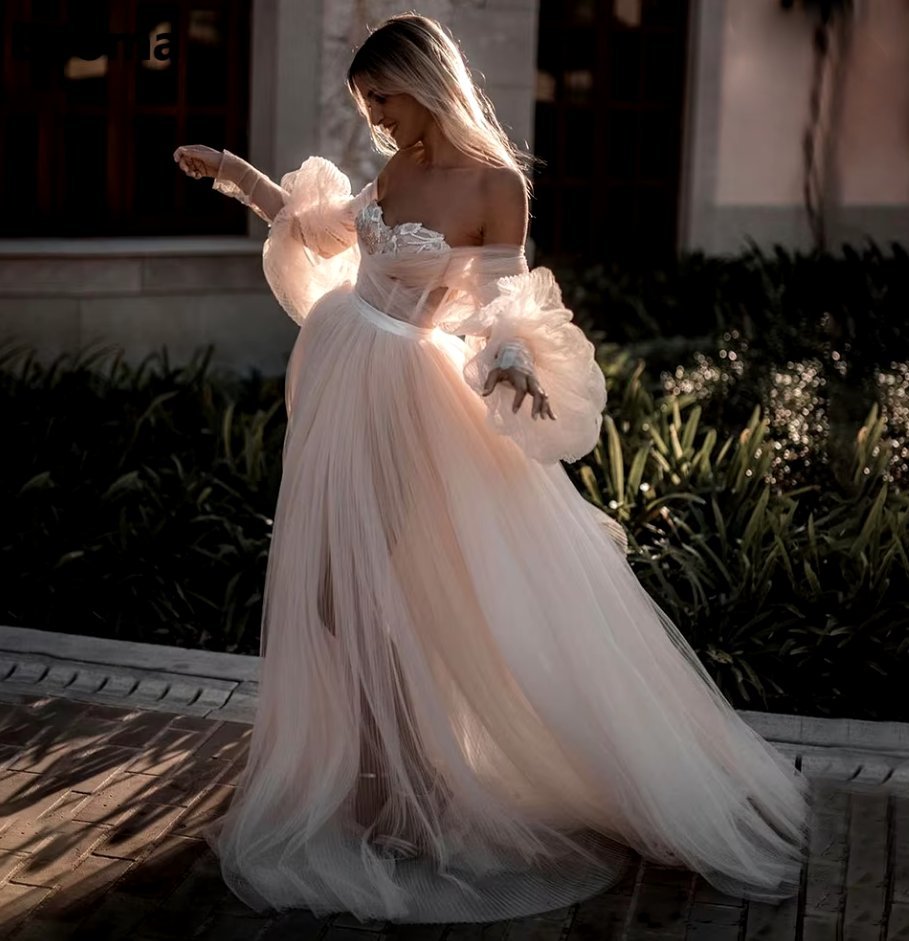 Schulterfreies Langarm Boho Tüll Brautkleid&nbsp;Cathleen