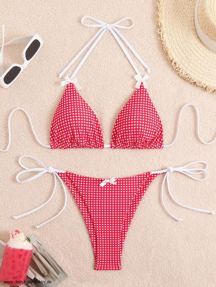 Halterneck Retro Style Bikini Xezal Rot Weiß&nbsp;Kariert