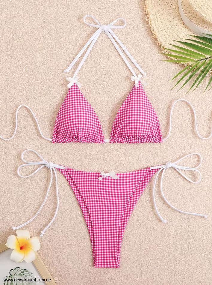 Halterneck Retro Style Bikini Xezal Pink Weiß&nbsp;Kariert