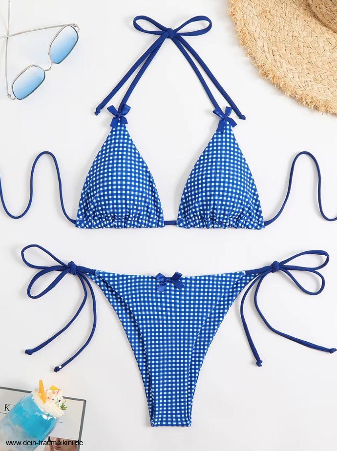 Halterneck Retro Style Bikini Xezal Dunkelblau Weiß&nbsp;Kariert
