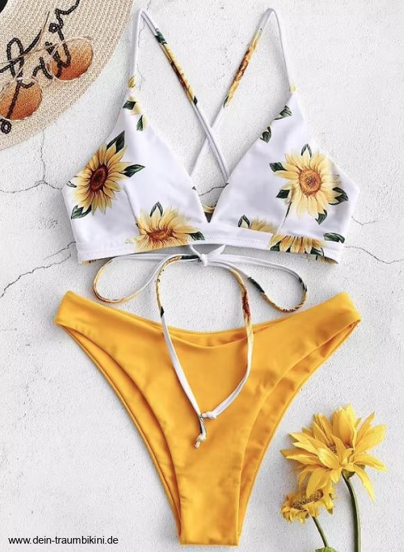 Brasilianischer Triangle Bikini Wicky Gelb Weiß mit&nbsp;Blumenmuster