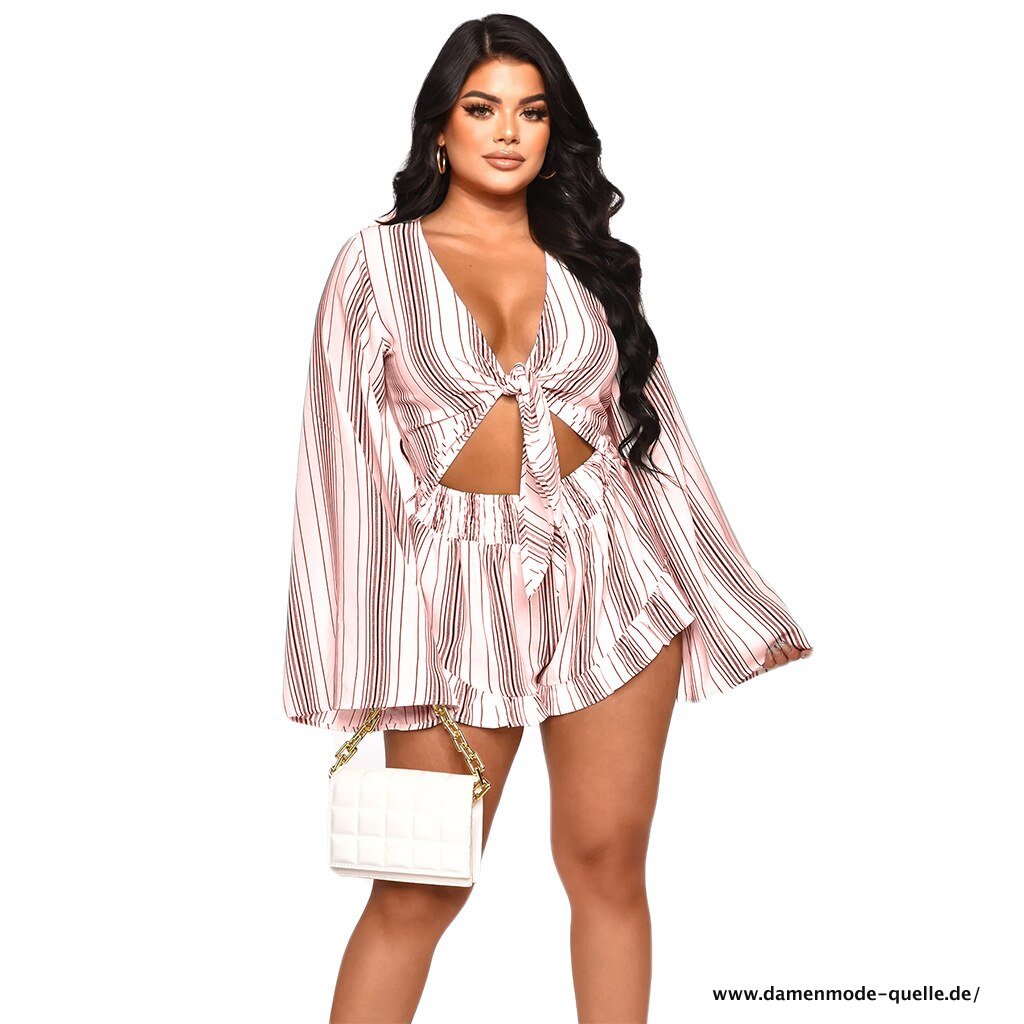 Damen gestreiftes Bowknot V-Ausschnitt Jumpsuit Sommer Strand Boho Rosa&nbsp;Gestreift