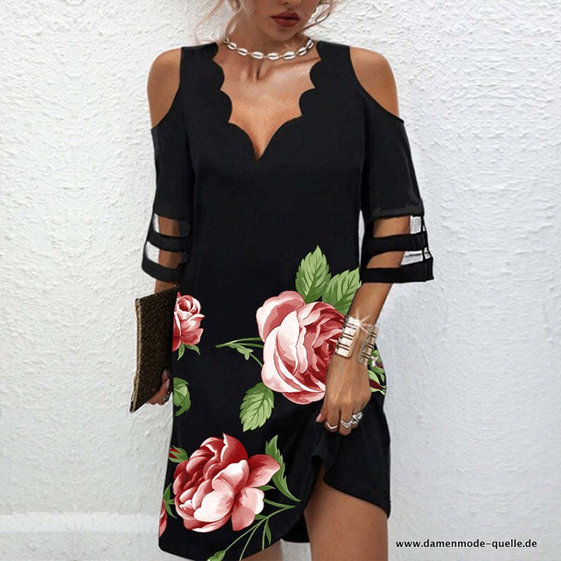 Sommer Damen Kurzes V-Ausschnitt Kurzarm Strand Kleid&nbsp;Blackroses