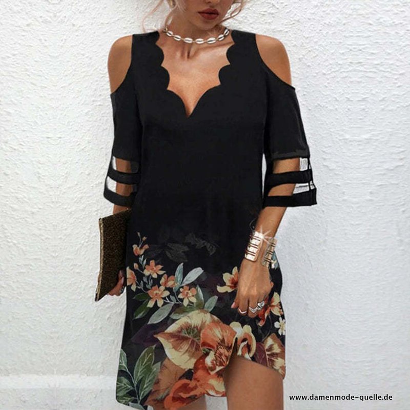 Sommer Damen Kurzes V-Ausschnitt Kurzarm Strand Kleid Blackroses 