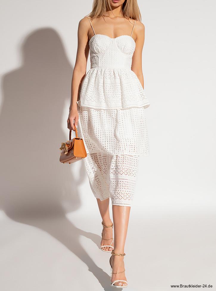 Wadenlanges Spaghettiträger Standesamtkleid in Weiß Elegant