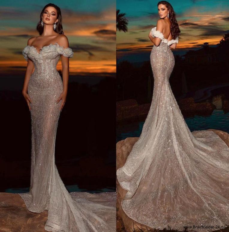 Exquisite Kristall Meerjungfrau Brautkleid Schulterfrei mit Schleppe und&nbsp;Blumen