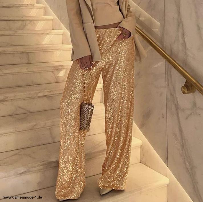 Elegante Damenhose Lang mit Glitzer Pailletten in&nbsp;Gold