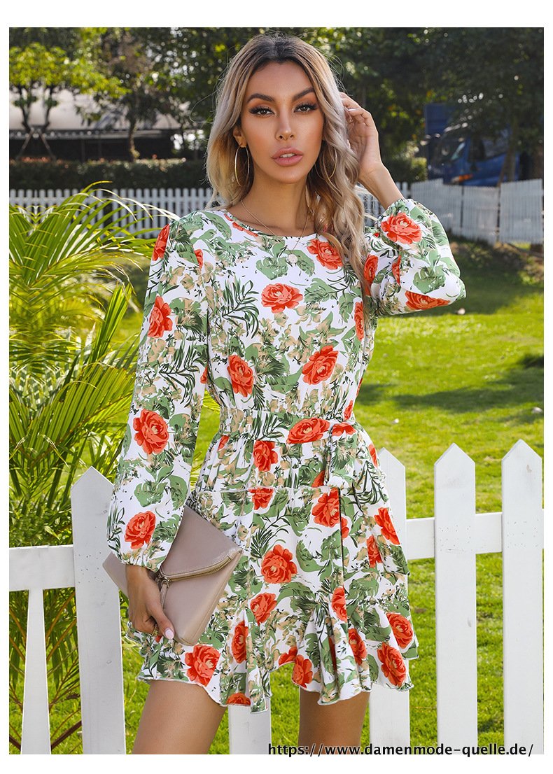 Langarm Kurzarm Blumenmuster Kleid mit Gürtel für&nbsp;Damen