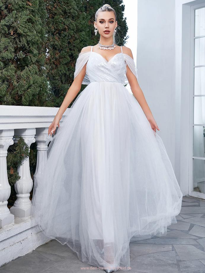 A Linie Tüll Standesamtkleid Beate in Weiß mit Cut Out&nbsp;Schulter