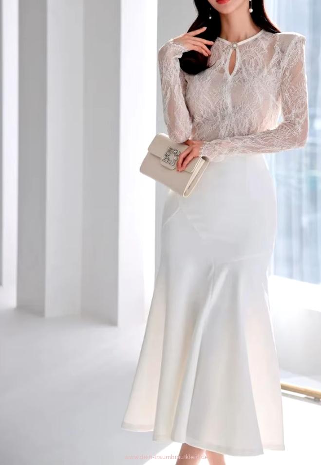 Fit and Flare Patchwork Langarm Standesamtkleid Catherine&nbsp;Wadenlang