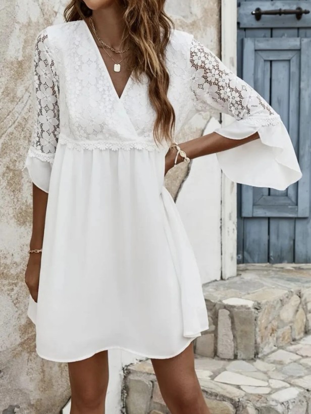 Weißes Tunika Sommerkleid Kurz mit Flare&nbsp;Ärmeln