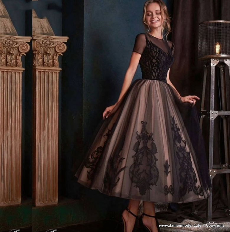 Wadenlanges A Linie Abendkleid in Bronze Schwarz mit Spitzen&nbsp;Applikationen