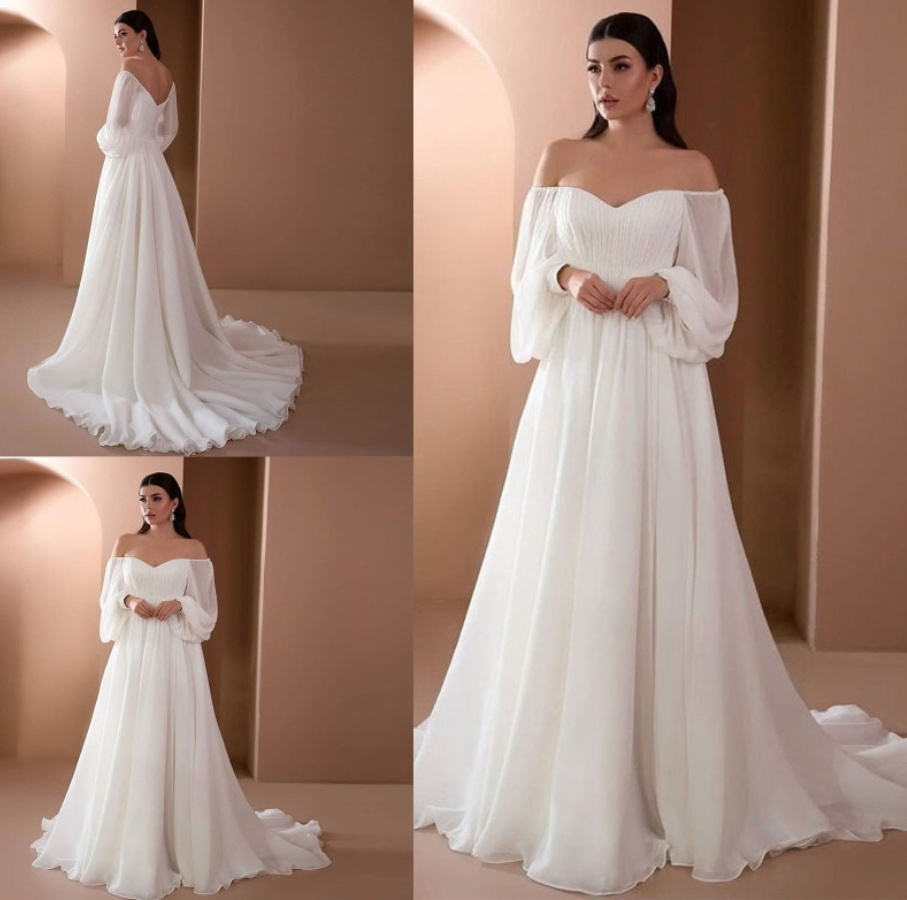 Schulterfreies A Linie Kleid Alexandra für den Standesamt mit&nbsp;Puffärmel