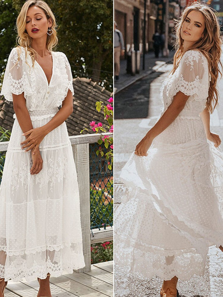 Boho Style Standesamtkleid Alida für die Braut Lang mit V&nbsp;Ausschnitt