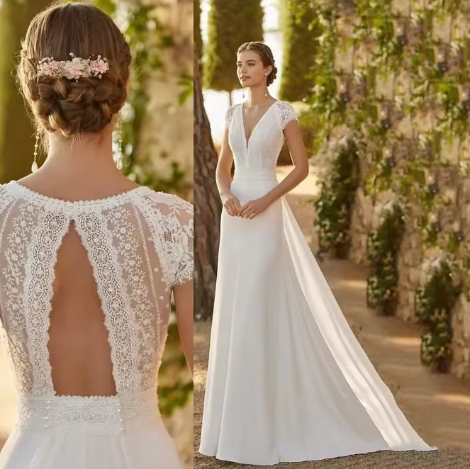  A Linie Boho Brautkleid Helin mit Ärmeln Spitze und Rückenausschnitt