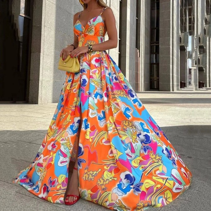 A Linie Spaghettiträger Maxi Kleid Iolana Elegant für Hochzeitsgäste Orange –&nbsp;Bunt