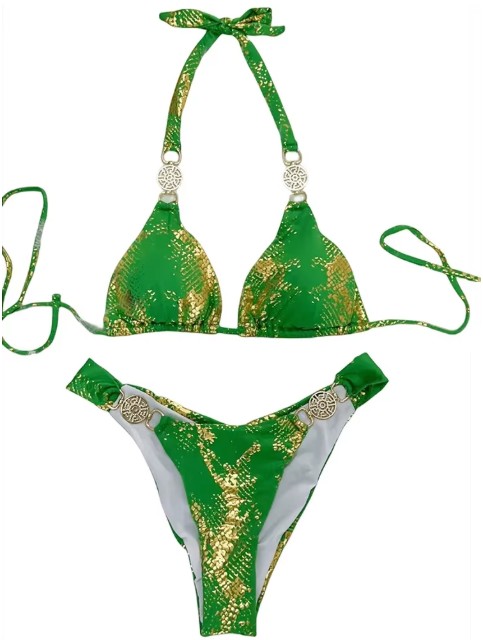 Brasilianischer Halterneck Bikini Sude Grün&nbsp;Gold