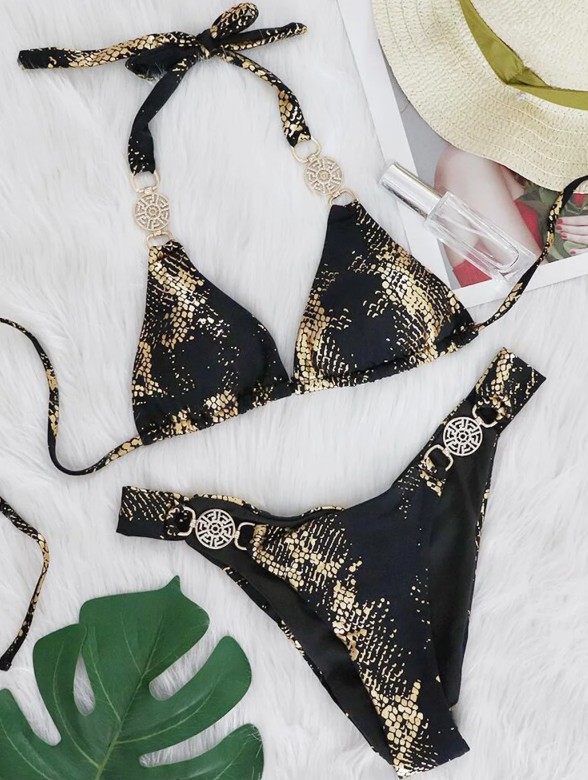 Brasilianischer Halterneck Bikini Sude Schwarz&nbsp;Gold