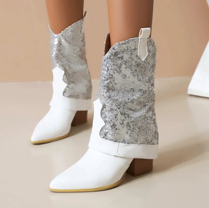 Brautschuhe Glitzer Western Cowboy Stiefel Irmtraud mit Silber&nbsp;Pailletten